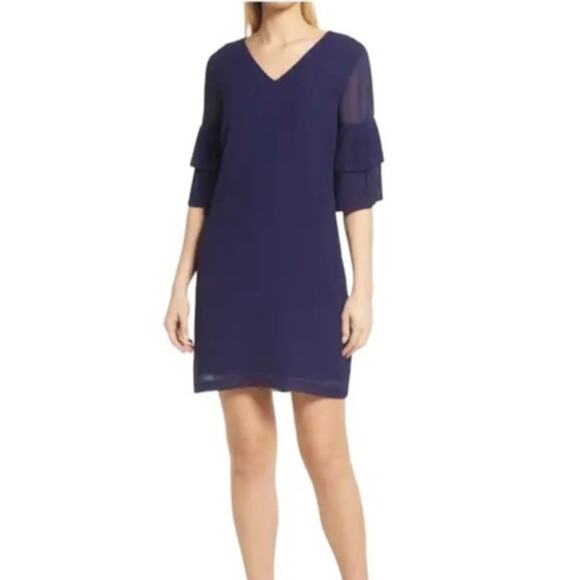 NWOT Sam Edelman Navy Pleat Sleeve Shift Dress - Sz 4 - Picture 1 of 8